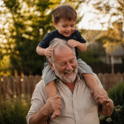 A man in his sixties lifting a small child onto his shoulders in a garden