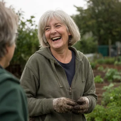 A woman in her sixties laughing in a community garden, soil on her gloves