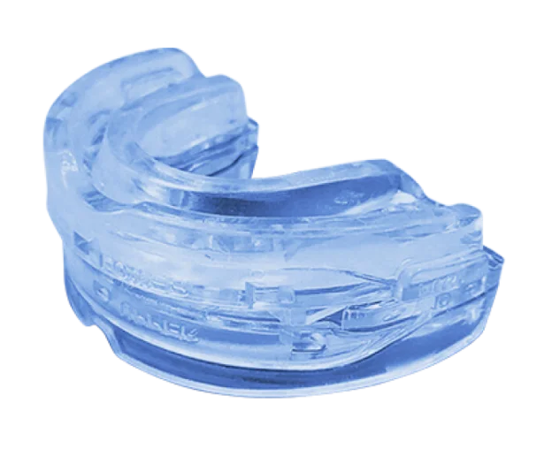 SleepZee boil-and-bite anti-snoring mouthpiece in translucent blue, from the seller's materials
